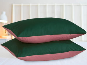 Reversible Poly Cotton Housewife Pillowcases (Pair) - Bottle Green & Dusty Pink