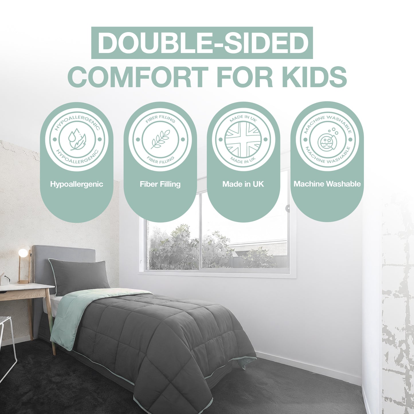Kids Coverless Printed 7.5 tog Washable Quilt with Pillow Set 120 x 150 cm - Duck Egg and grey