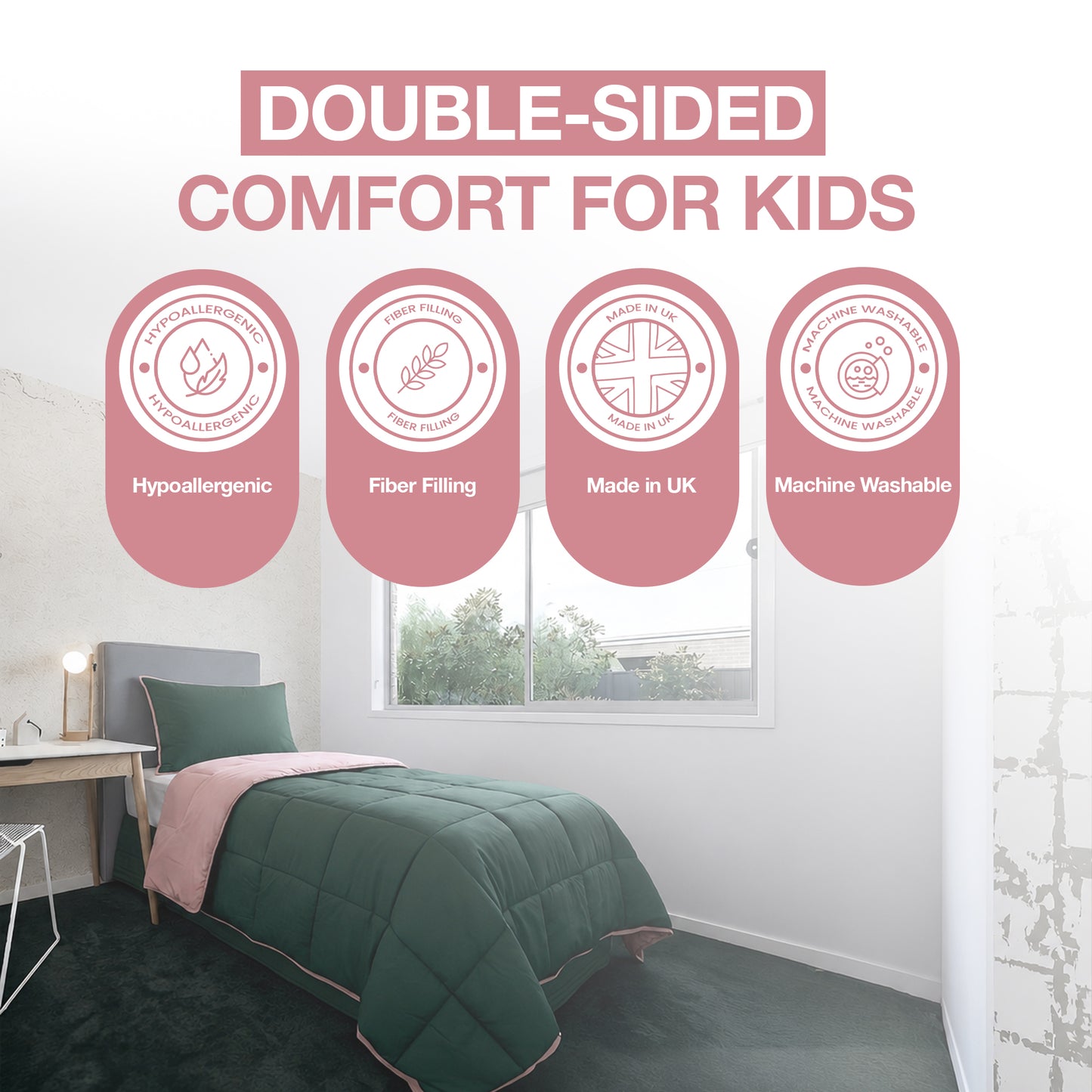 Kids Coverless Printed 7.5 tog Washable Quilt with Pillow Set 120 x 150 cm - Bottle Green & Dusty Pink
