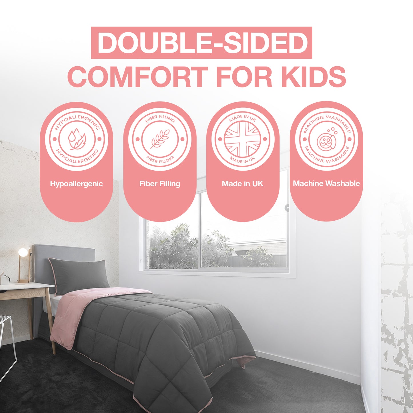 Kids Coverless Printed 7.5 tog Washable Quilt with Matching Pillow Set 120 x 150 cm - Pink & Grey
