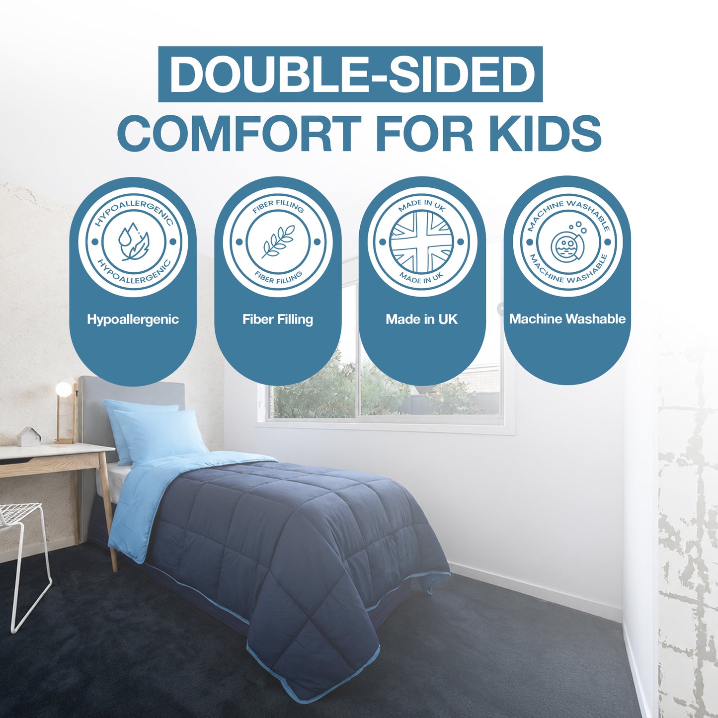 Kids Coverless Printed 7.5 tog Washable Quilt with Pillow Set 120 x 150 cm - Navy & Sky Blue