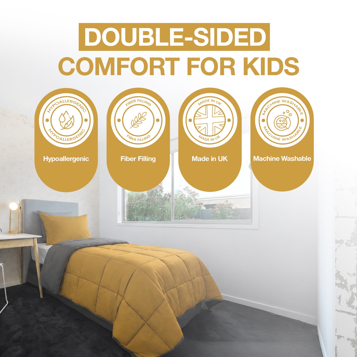 Kids Coverless Printed 7.5 tog Washable Quilt with Pillow Set 120 x 150 cm - Mustard & Grey