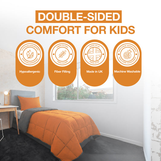 Kids Coverless Printed 7.5 tog Washable Quilt with Pillow Set 120 x 150 cm - Orange & Grey