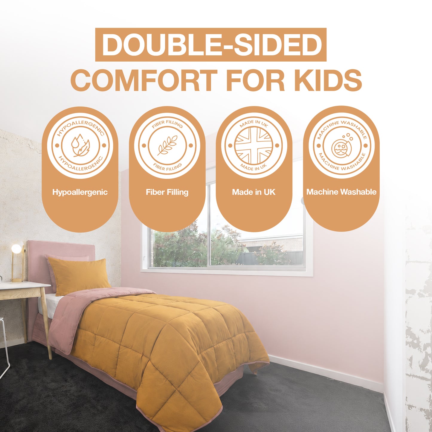 Kids Coverless Printed 7.5 tog Washable Quilt with Pillow Set 120 x 150 cm - Pink & Mustard