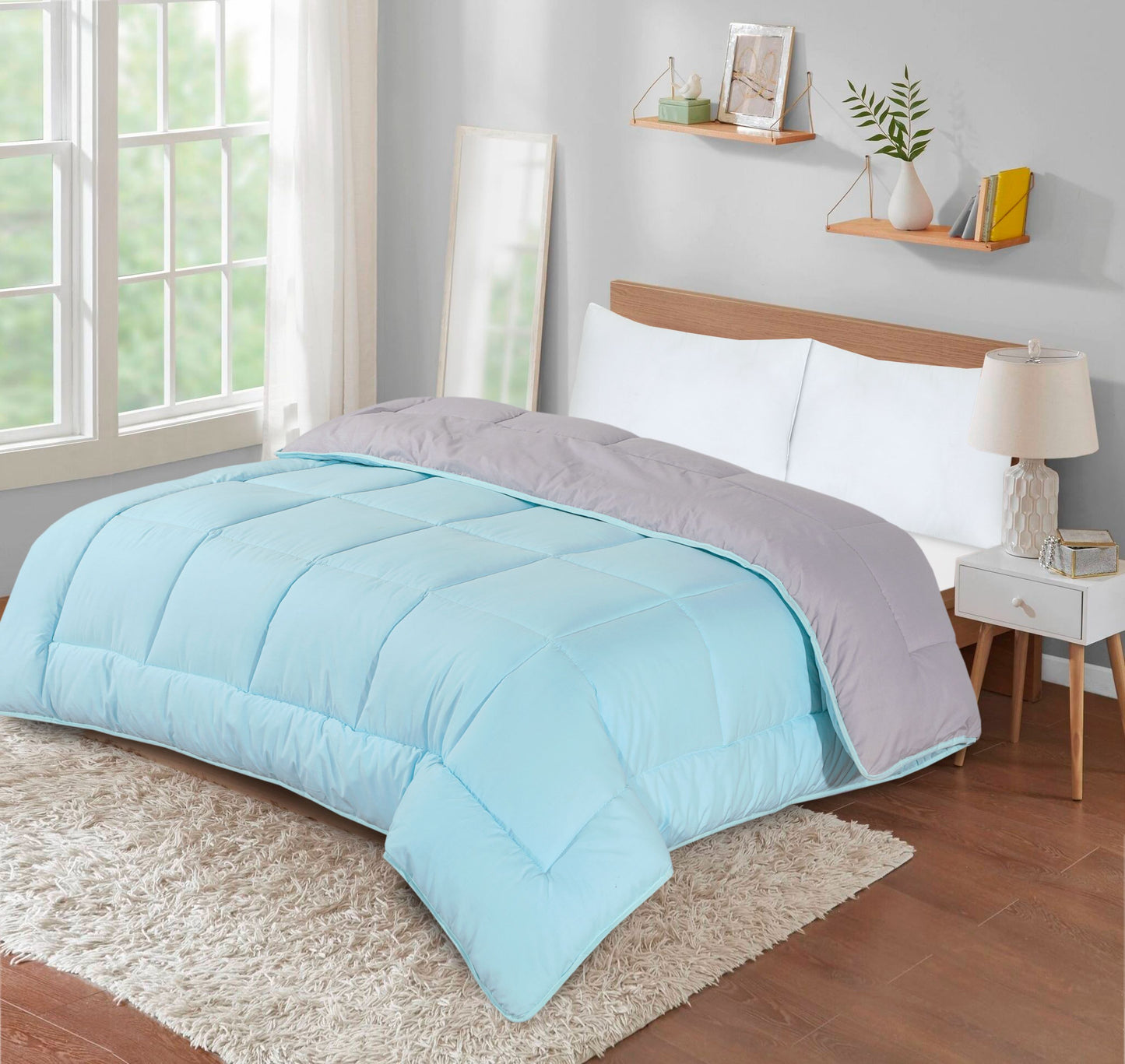 7.5 Tog Box Stitching Reversible Coverless Polycotton Duvet – Teal and Grey