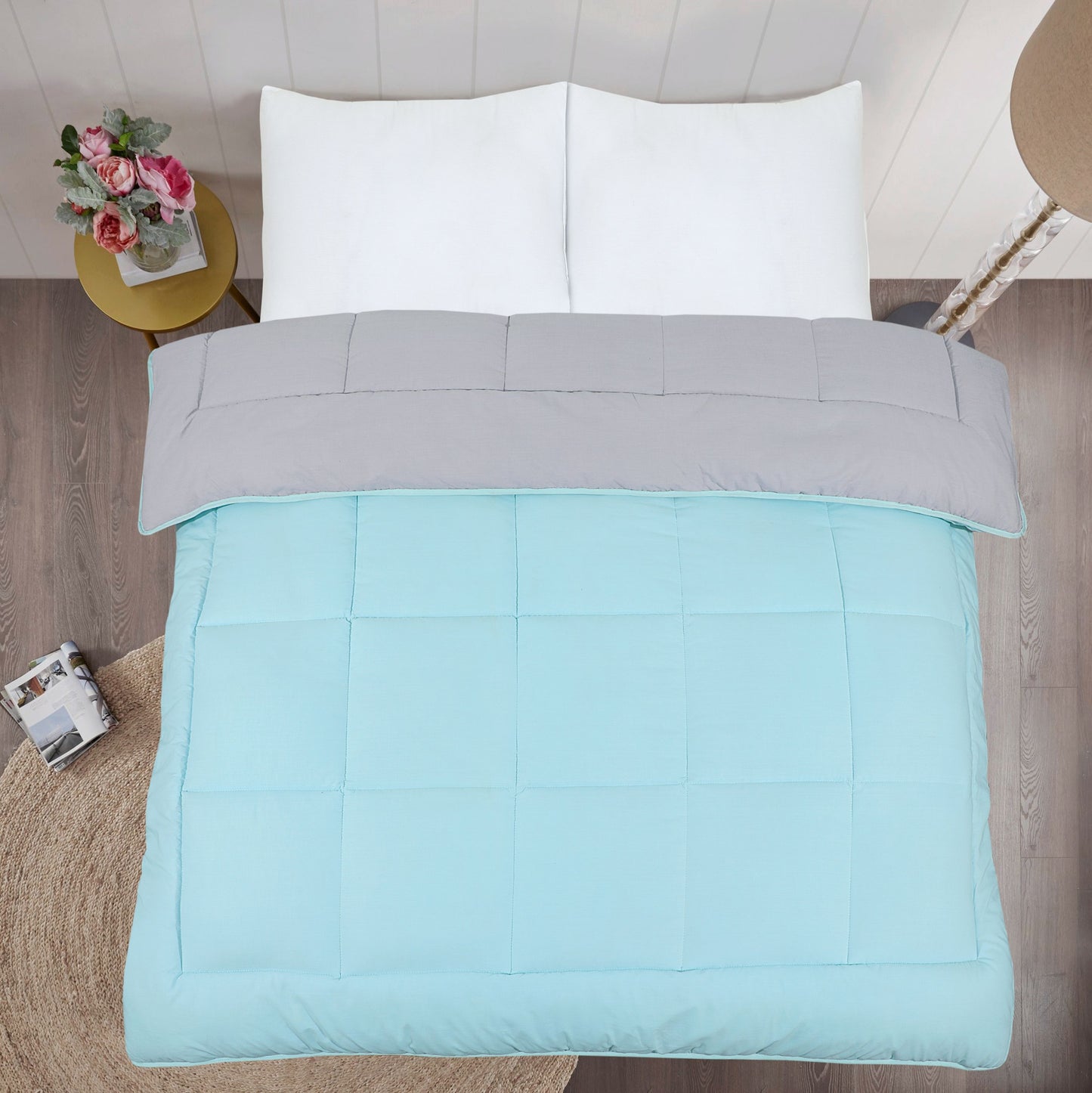 7.5 Tog Box Stitching Reversible Coverless Polycotton Duvet – Teal and Grey