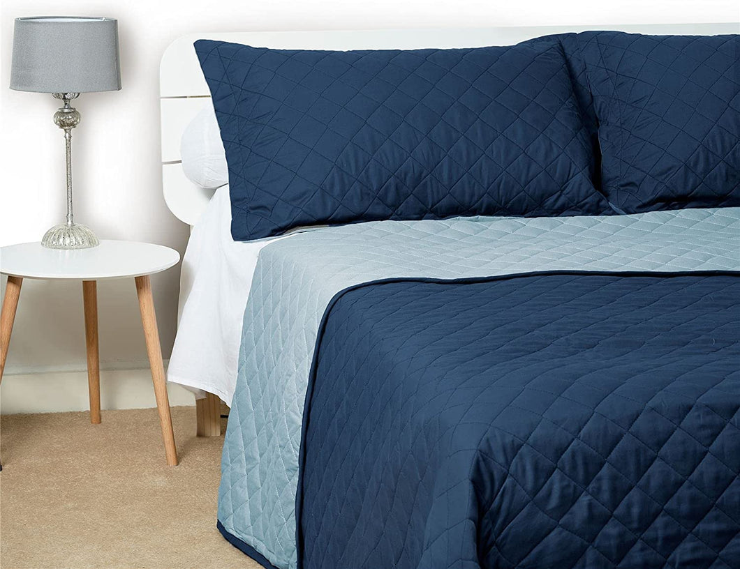 Quilted Bedspread Throw (Set 5 pcs)  Cotton Rich Reversible - Navy and Sky Blue