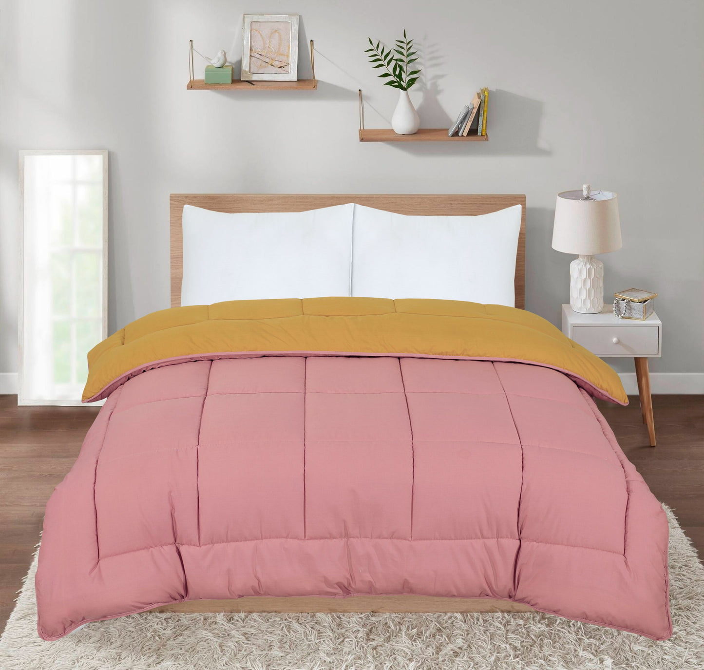 13.5 Tog Box Stitching Reversible Coverless Polycotton Duvet – Mustard & Pink