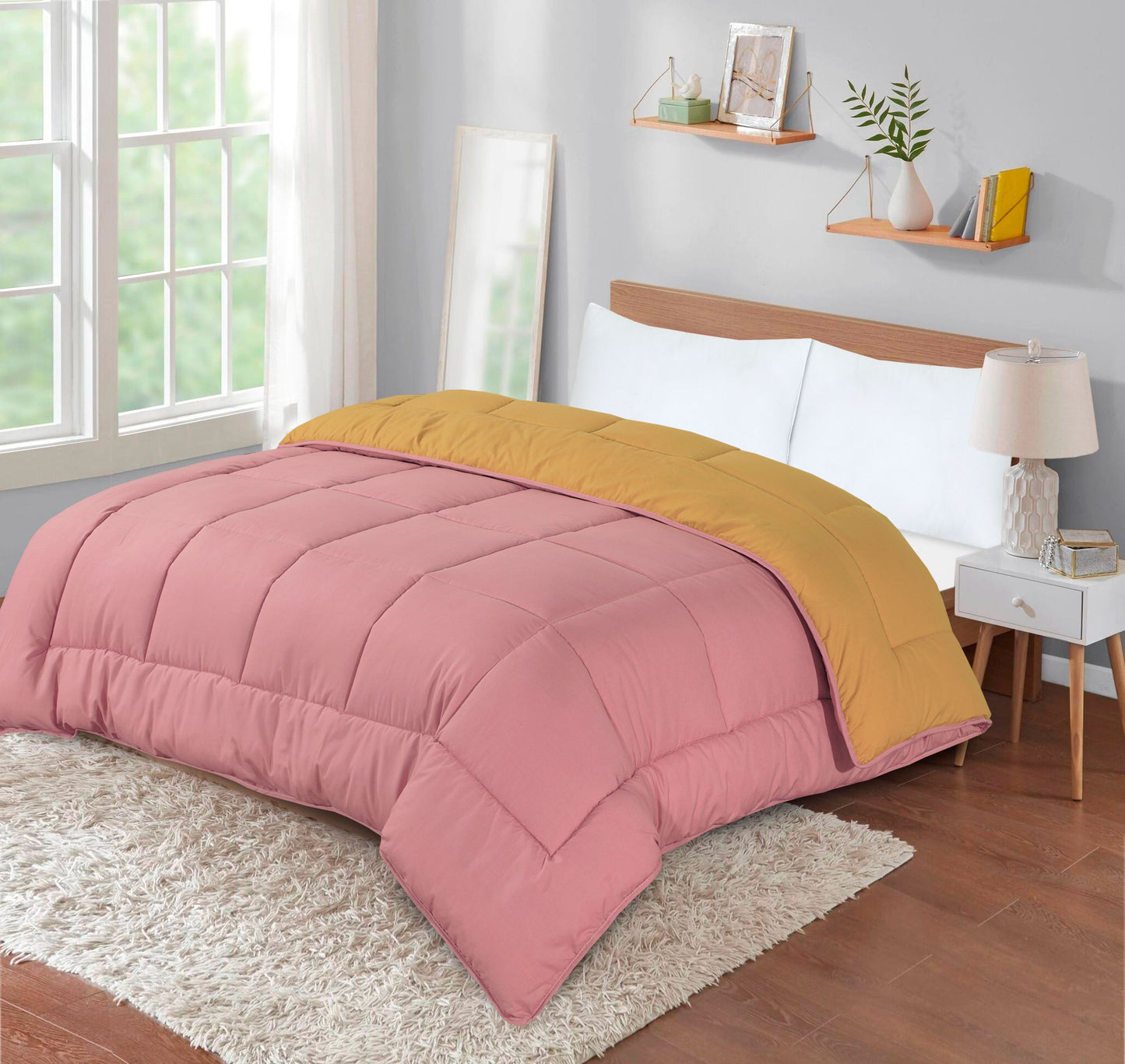 13.5 Tog Box Stitching Reversible Coverless Polycotton Duvet – Mustard & Pink