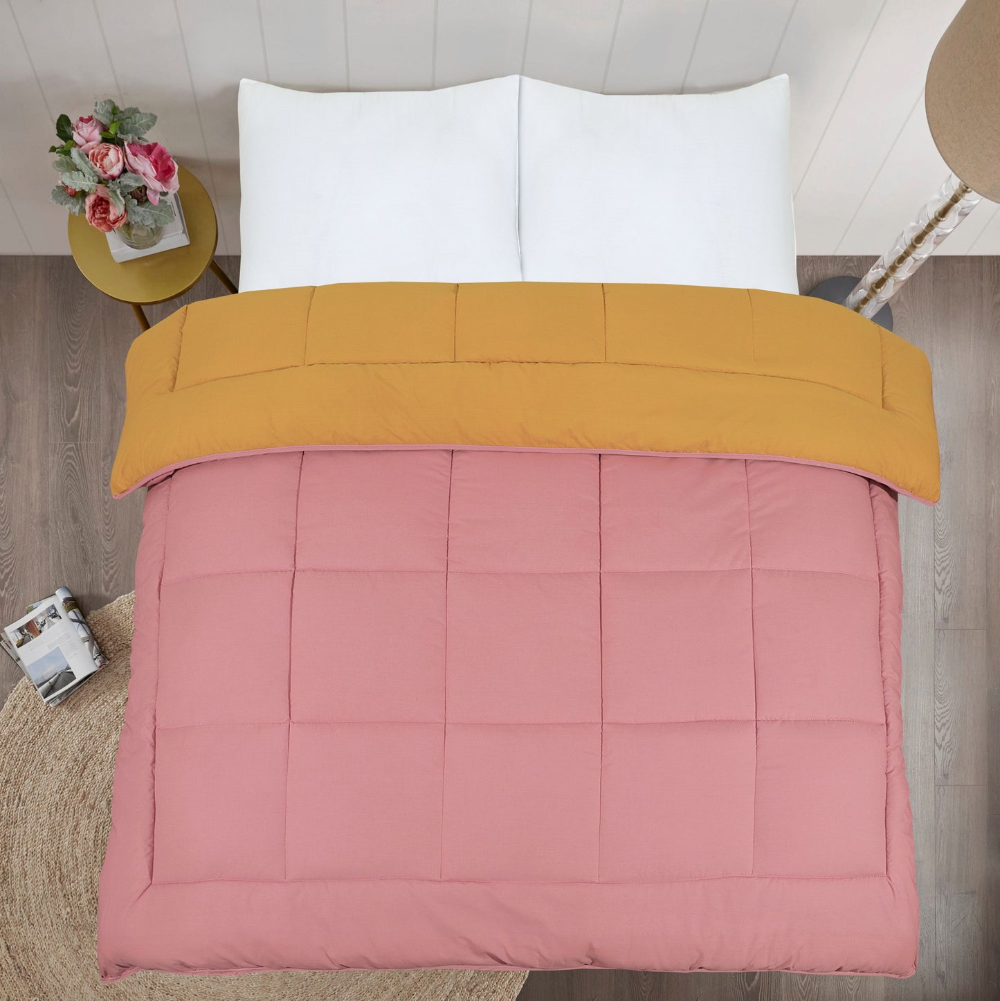 13.5 Tog Box Stitching Reversible Coverless Polycotton Duvet – Mustard & Pink