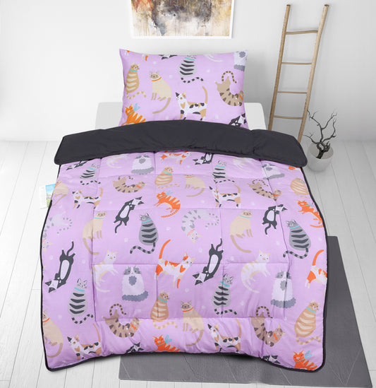 Kids Coverless Printed 7.5 tog Washable Quilt with Pillow Set 120 x 150 cm – Cats Party