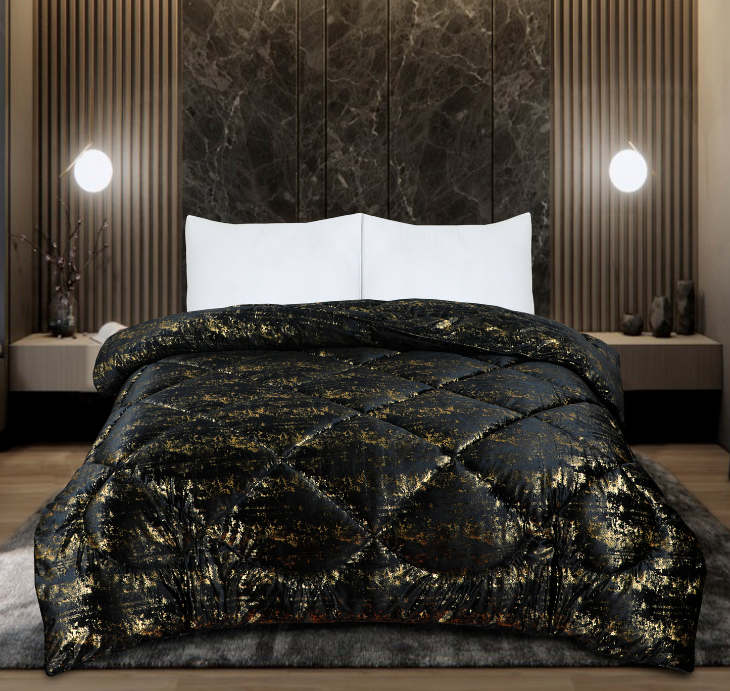 Glamour Coverless Crushed Velvet Quilted Duvet Black Gold