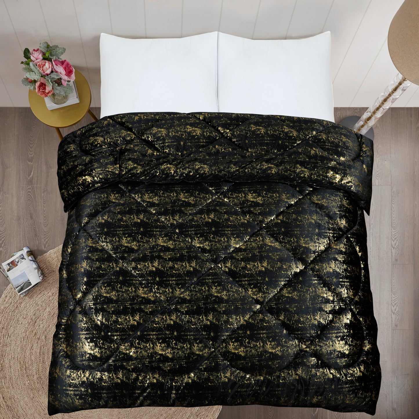 Glamour Coverless Crushed Velvet Quilted Duvet Black Gold