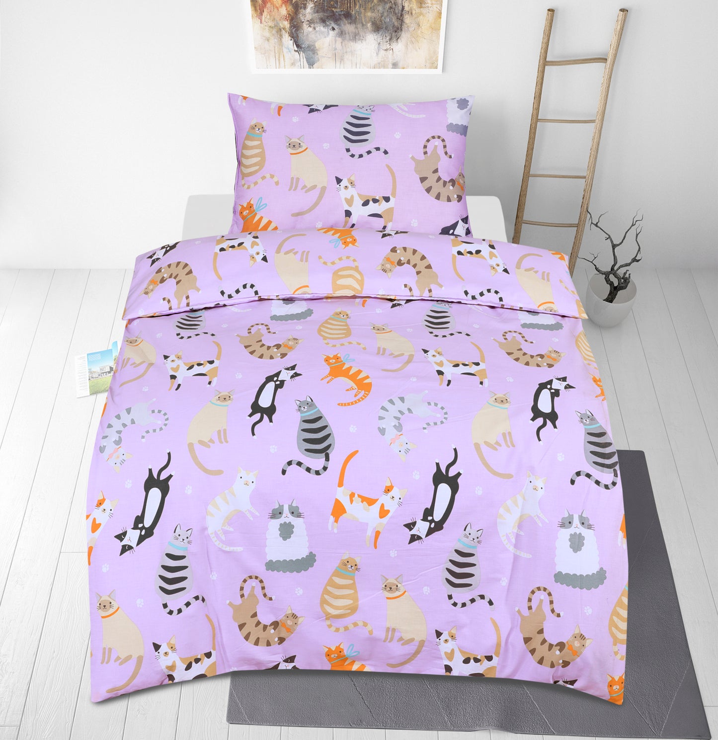 Junior Cot Bed Duvet Cover and Pillow Set- Cotton Rich 120 x 150 cm – Cats Party