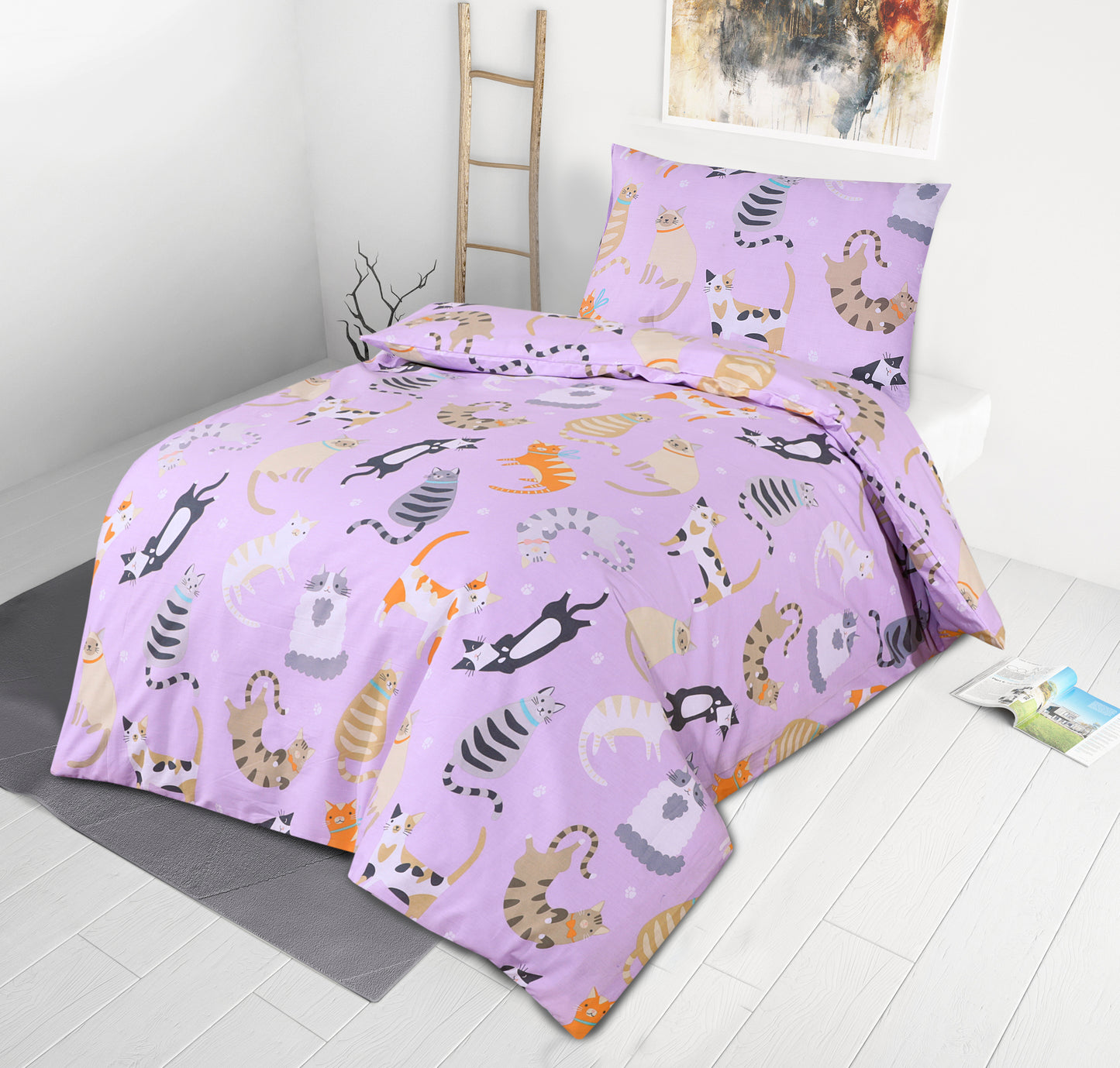 Junior Cot Bed Duvet Cover and Pillow Set- Cotton Rich 120 x 150 cm – Cats Party