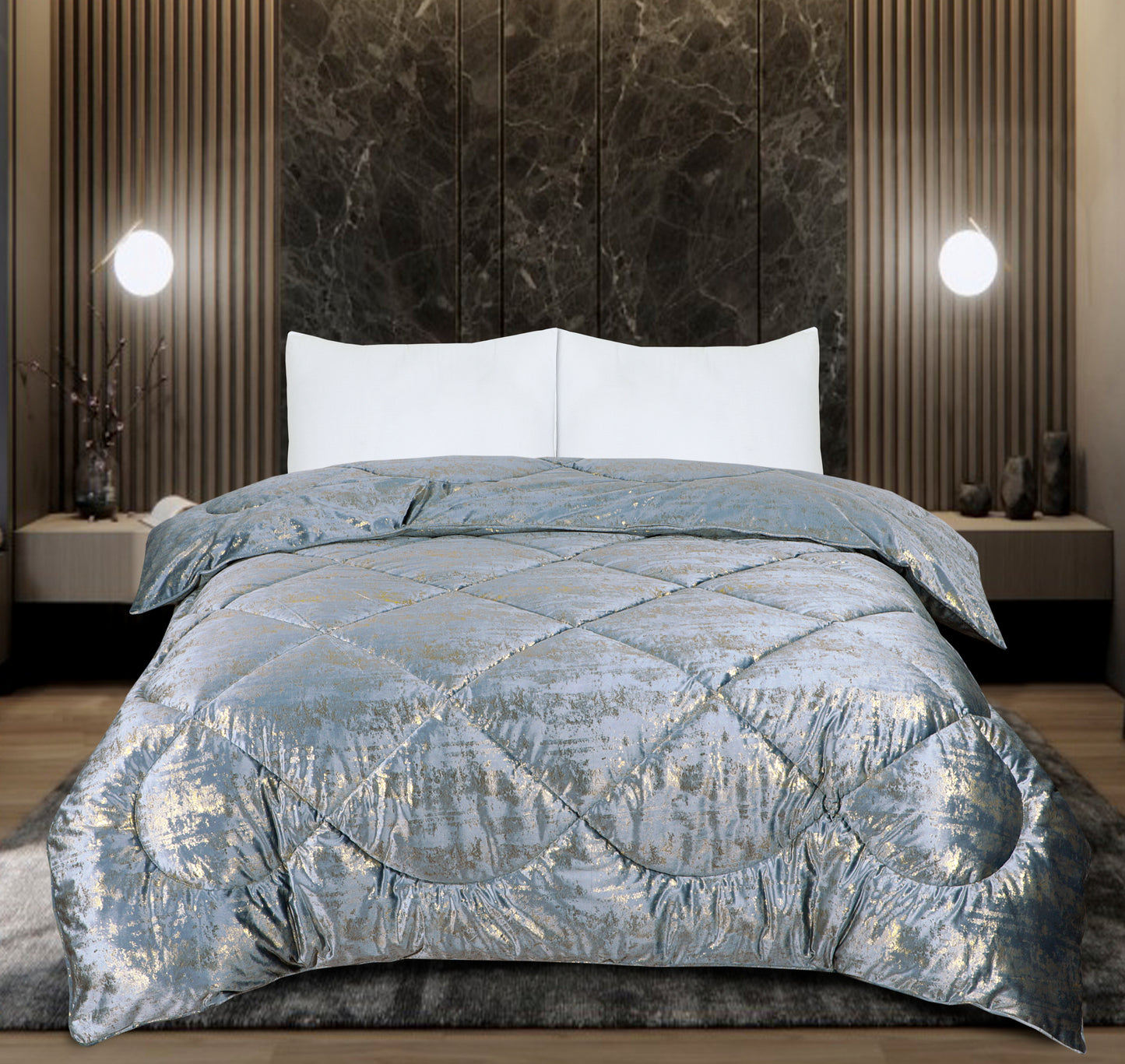 Glamour Coverless Crushed Velvet Quilted Duvet Silver Gold