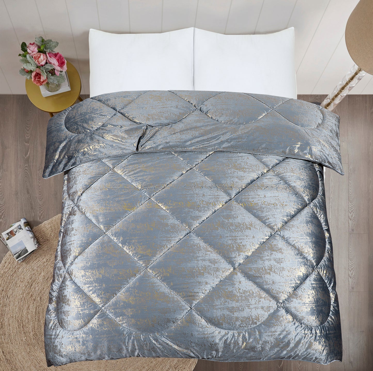 Glamour Coverless Crushed Velvet Quilted Duvet Silver Gold