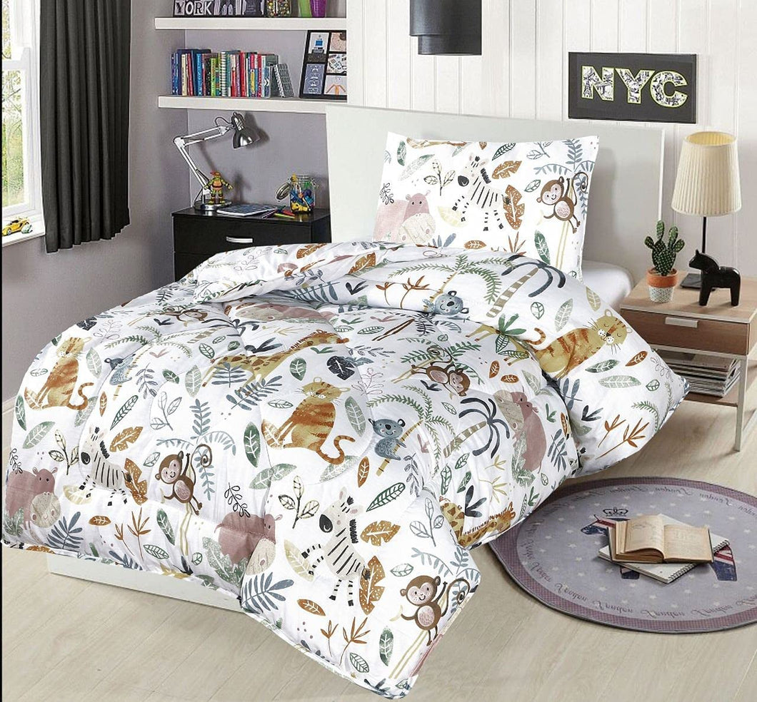 7.5 Tog Kids Coverless Printed Washable Quilt with Pillow Set (120 x 150 cm) - Jungle Jamboree