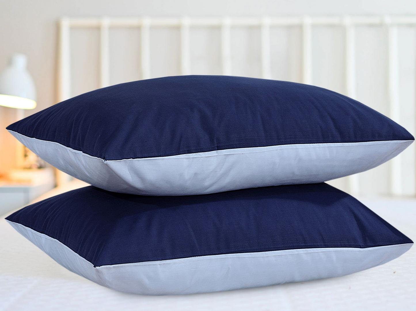 Reversible Poly Cotton Housewife Pillowcases (Pair) - Navy & Sky Blue