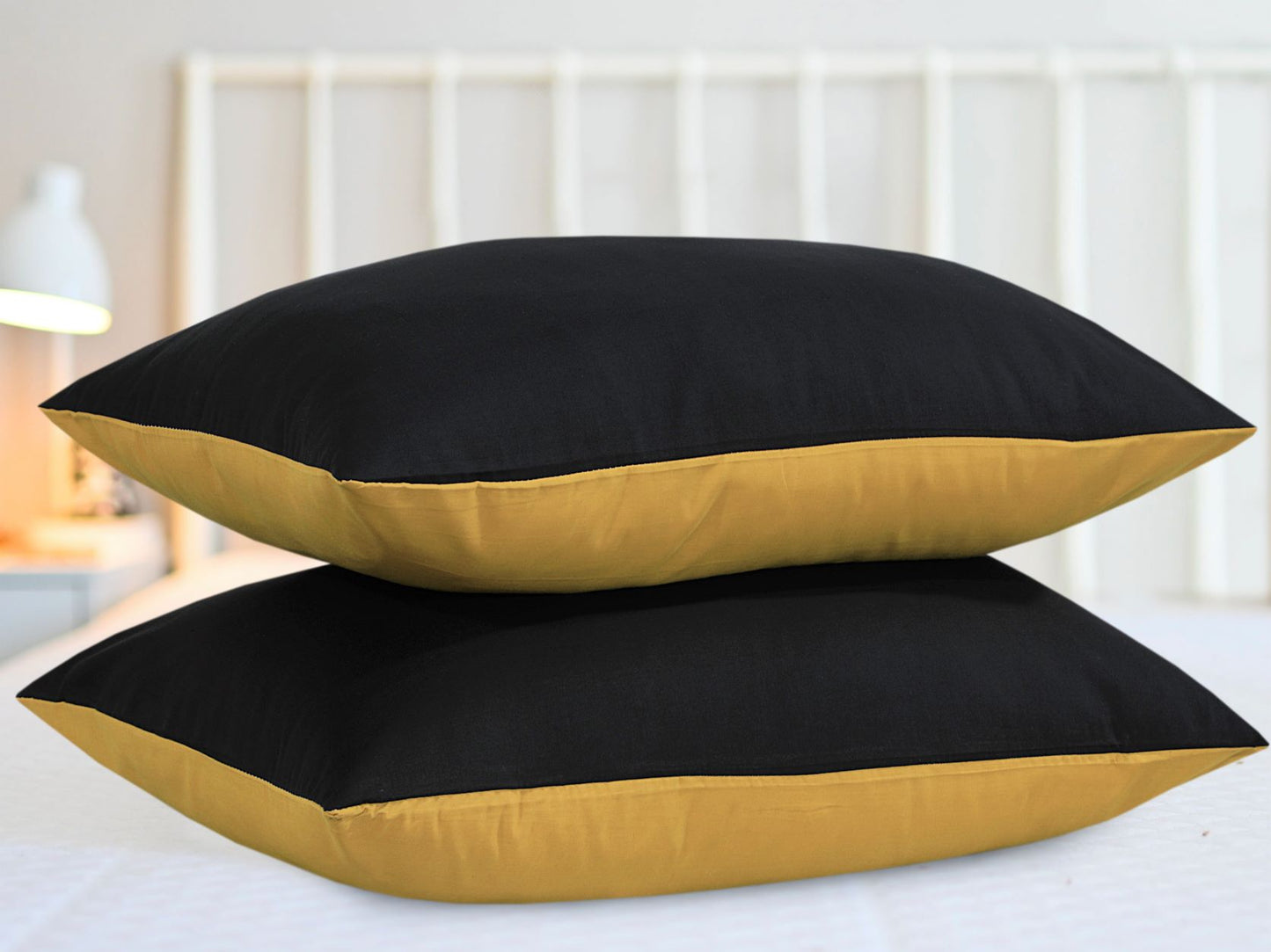 Reversible Poly Cotton Housewife Pillowcases (Pair) - Mustard & Black