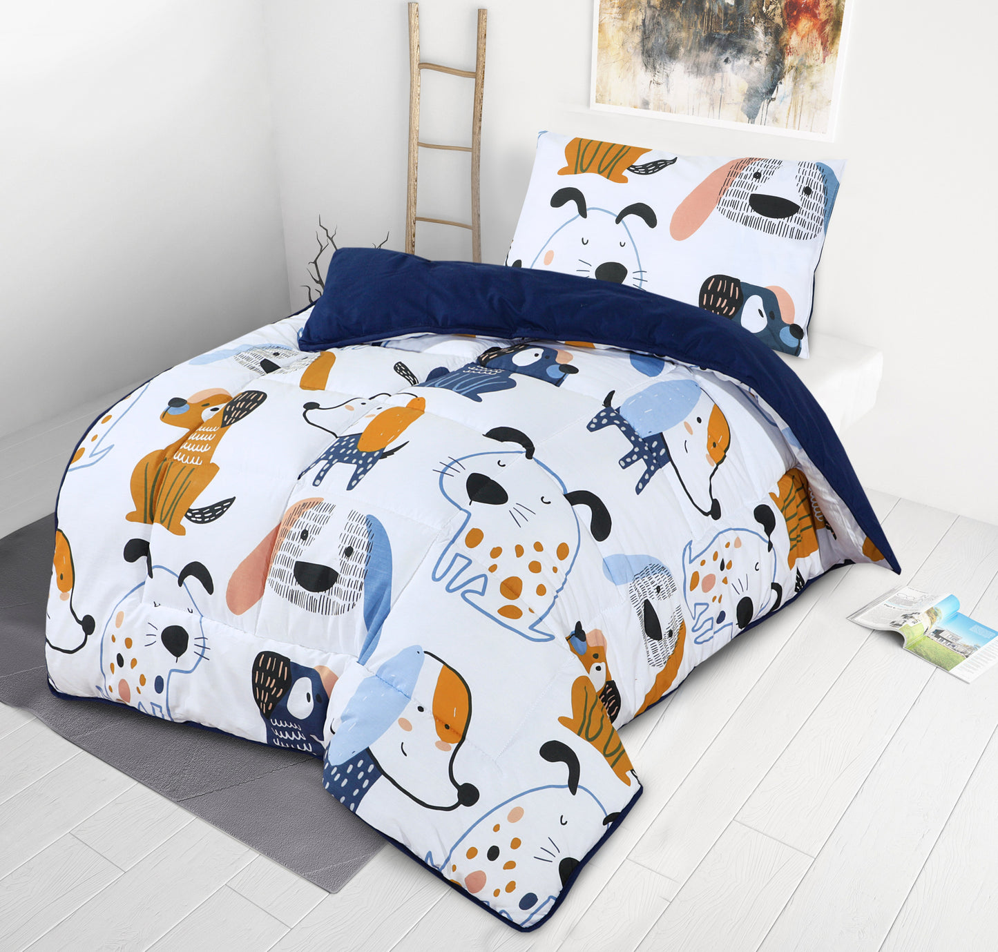 Kids Coverless Printed 7.5 tog Washable Quilt with Pillow Set 120 x 150 cm – Funky Dogs