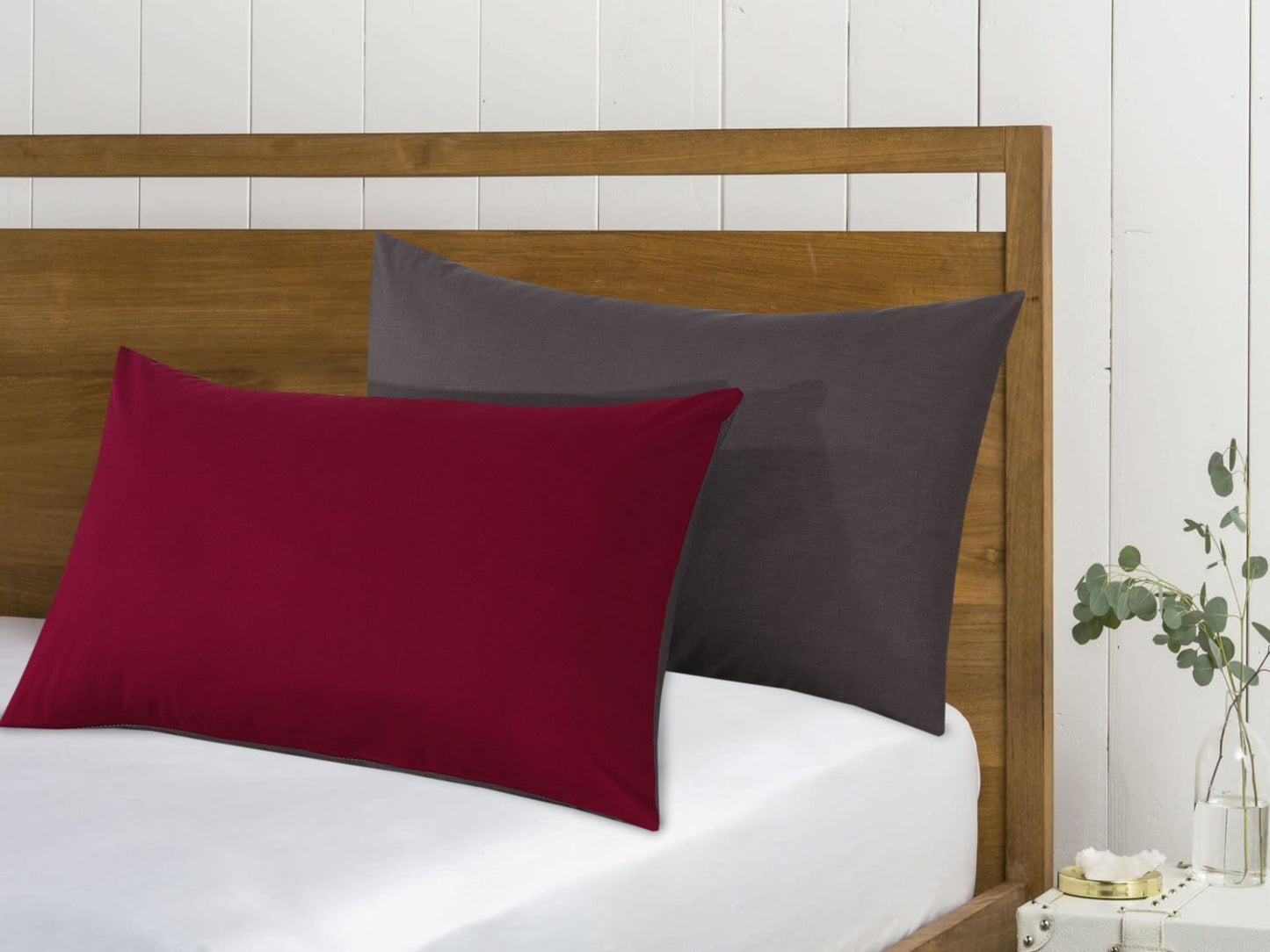 Reversible Poly Cotton Housewife Pillowcases (Pair) - Burgundy & Grey