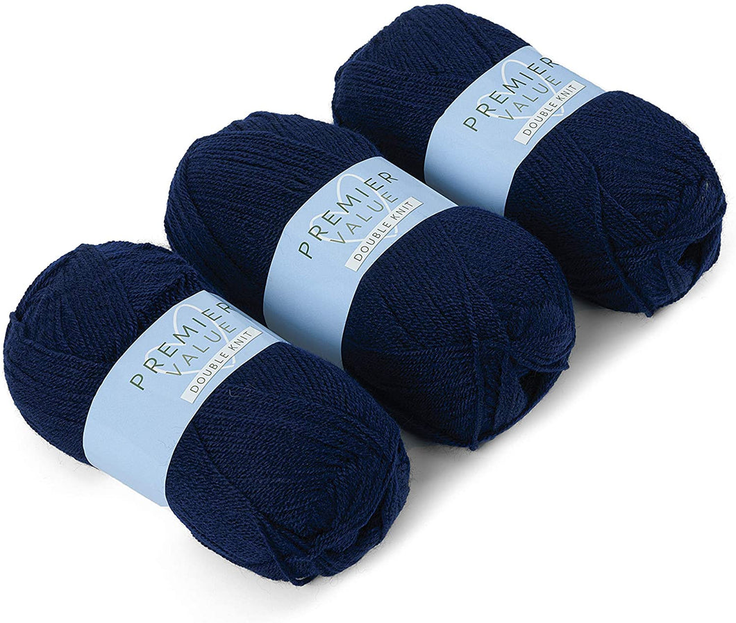 Premier Value Baby Double Knit Yarn Wool Acrylic Pack of 3 ( 3 x 100g) - Navy Blue