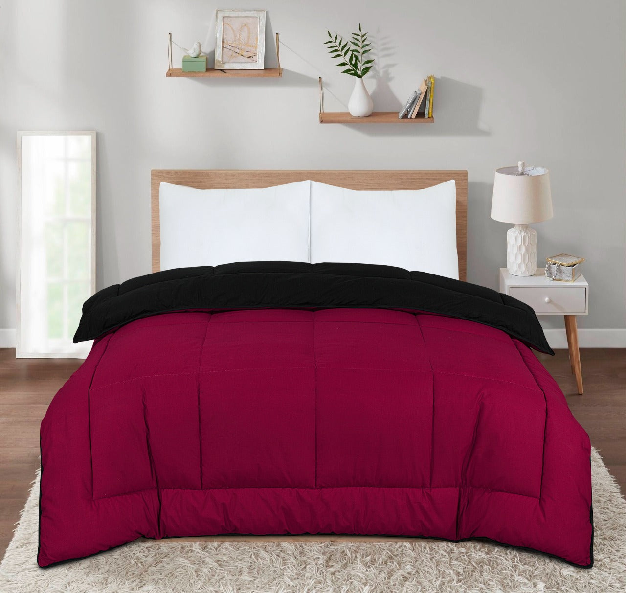 13.5 Tog Box Stitching Reversible Coverless Poly cotton Duvet – Black & Burgundy