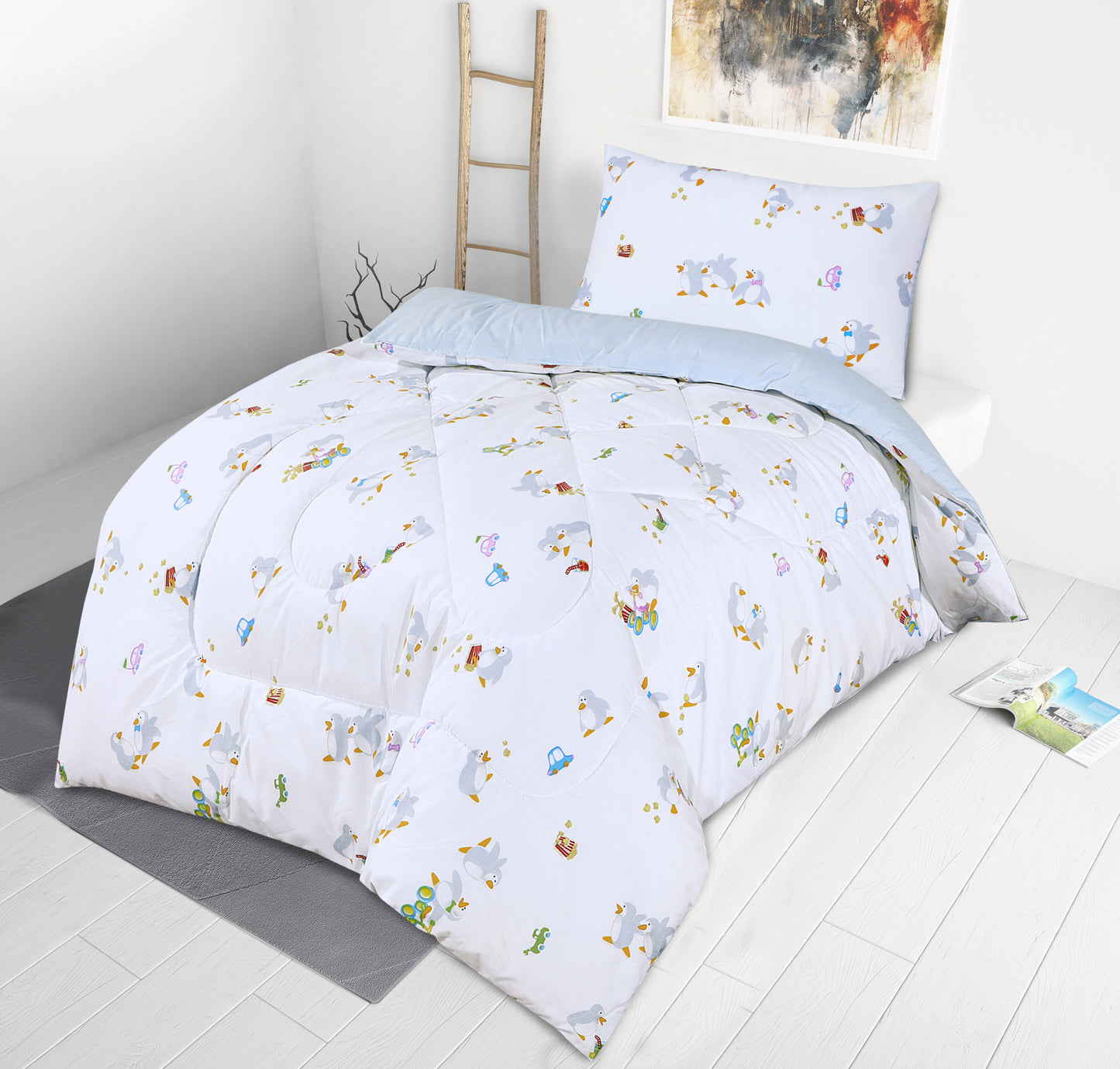 Kids Coverless Printed 7.5 tog Washable Quilt with Pillow Set 120 x 150 cm – Penguin