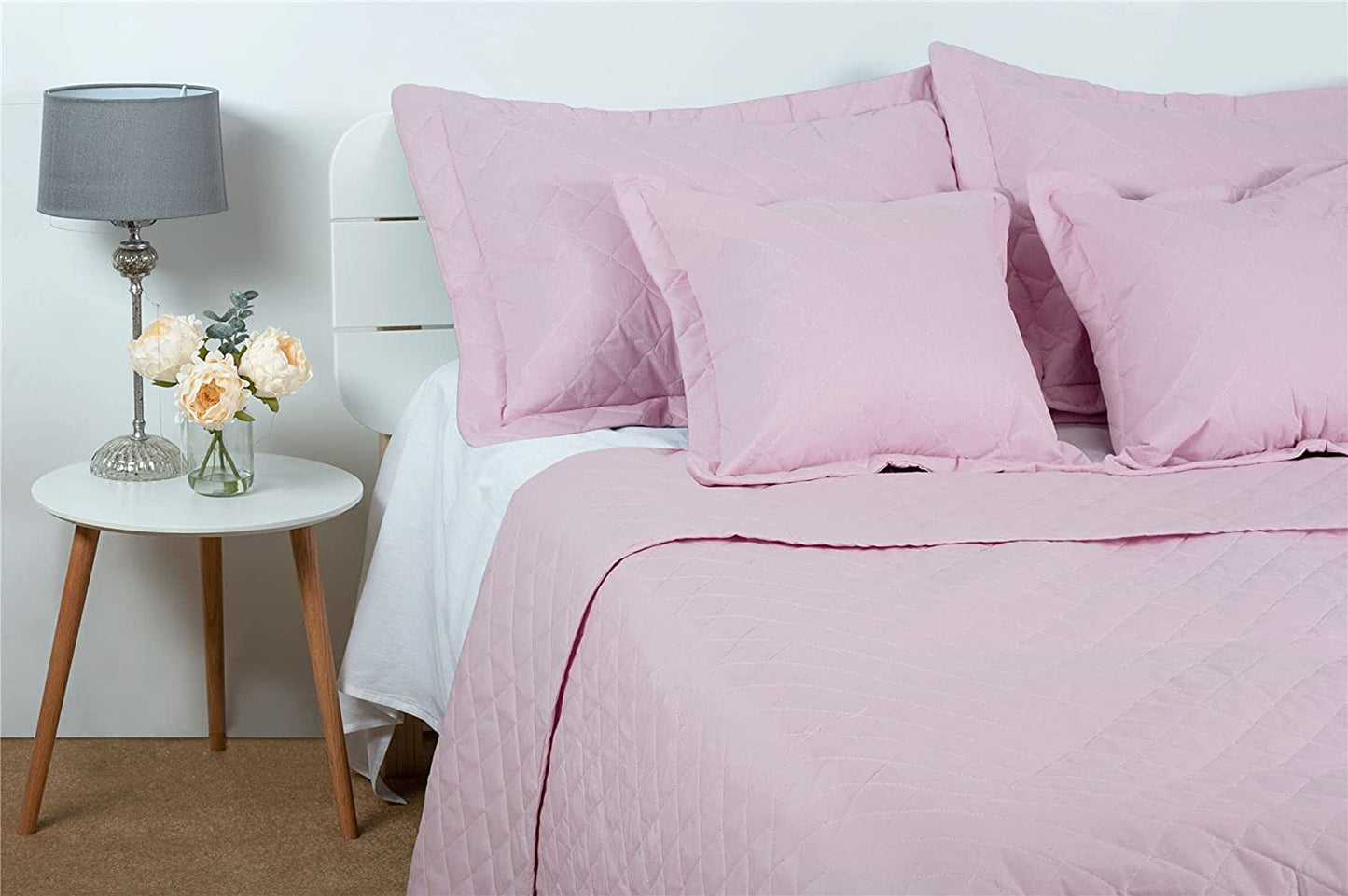 Quilted Bedspread Throw (Set 5 pcs)  Cotton Rich Reversible - Pink