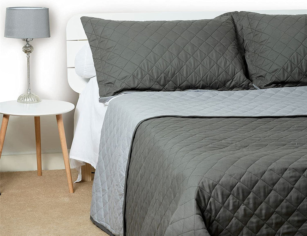 Quilted Bedspread Throw (Set 5 pcs)  Cotton Rich Reversible - Charcoal & Grey