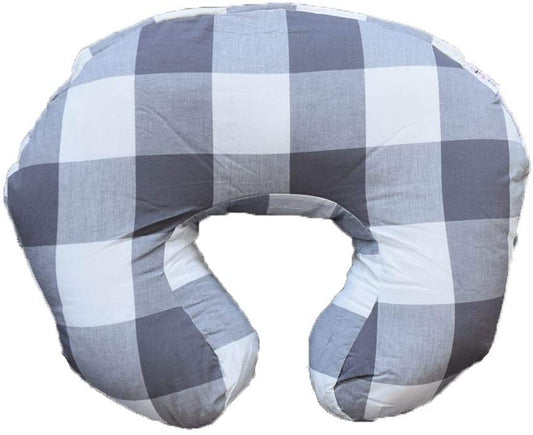 BABY FEEDING/NURSING PILLOW 2 DESIGNS IN 1 EGYPTIAN COTTON COVER - GREY CHECK/STRIPES